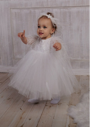 Ivory Lace Feather Flower Girl Dress Baby Blessing Dress